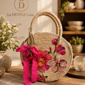 Bolsa redonda de palma Flores Rosas