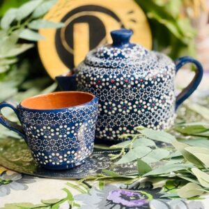 Juego de Té en Color Azul Barro Flor de Capulín