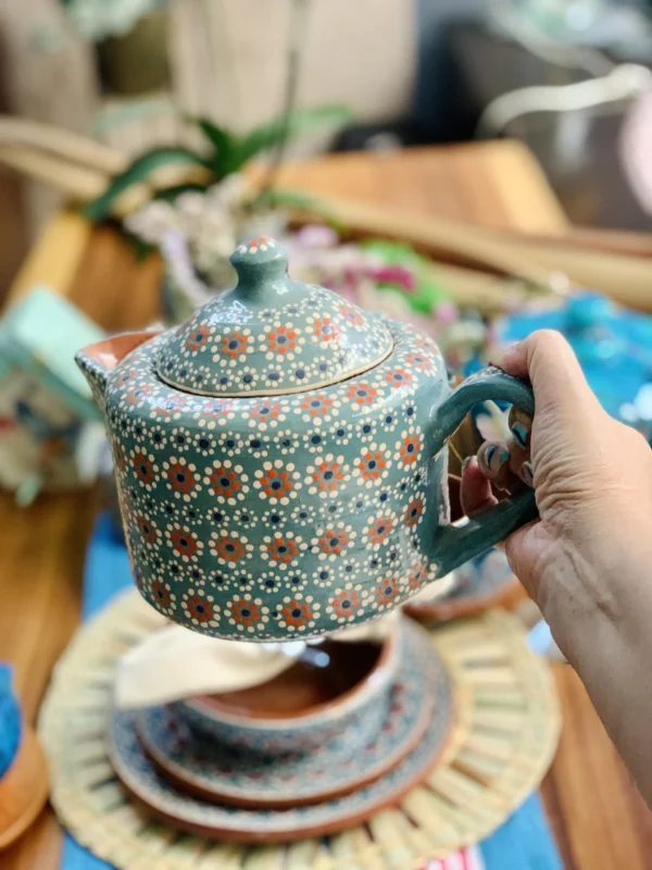 Juego de té en color azul turquesa barro flor de capulín - Image 2