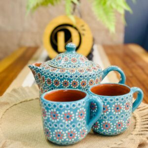 Juego de té en color azul turquesa barro flor de capulín