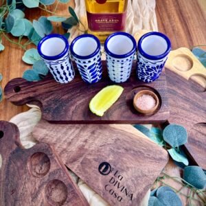 Set de 4 Tequileros de Talavera con Base de Parota